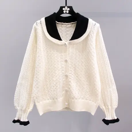 小香风撞色娃娃领毛衣外套女早秋2023新款韩系宽松设计感针织开衫商品大图