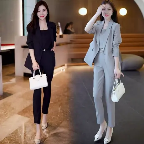 气质西服三件套女夏季薄款高级感缎面缇花春秋新款休闲天丝套装潮图片