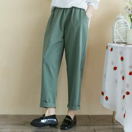 胖妹妹夏季2023新品复古宽松棉质休闲裤加大码微胖松紧腰显瘦长裤商品大图