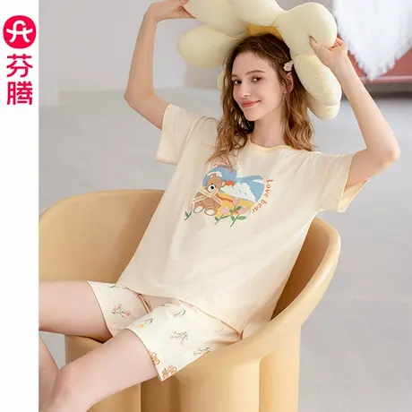 芬腾女士睡衣夏季纯棉短袖圆领套装女款透气薄款休闲可外穿家居服商品大图
