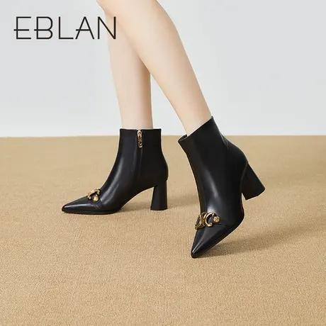 伊伴秋冬新款女鞋休闲细跟高跟皮靴气质金属扣时装靴通勤约会女靴图片