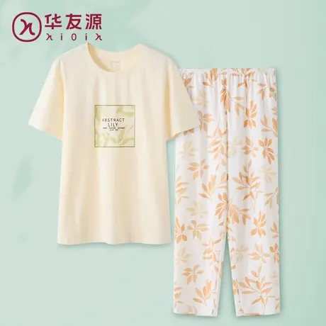 华友源春夏季女士短袖纯棉套头家居服休闲宽松透气中长裤睡衣套装商品大图