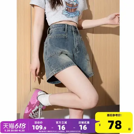 唐狮25春夏季新款牛仔短裤女高腰显瘦复古口袋宽松潮流个性裤子女商品大图