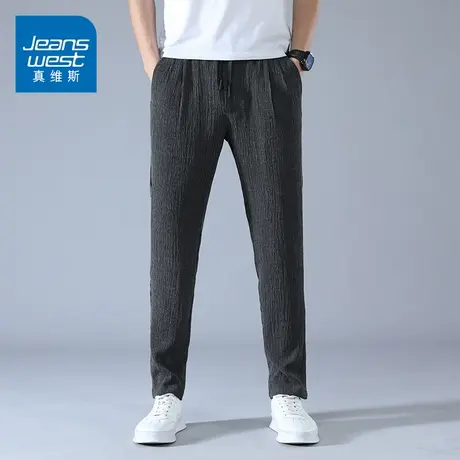 KZ真维斯夏季超薄款冰丝休闲裤男士运动松紧腰亚麻棉麻男裤子抽绳商品大图