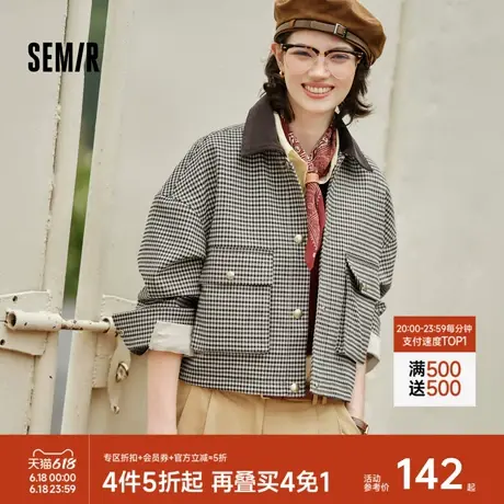森马外套女短款拼接灯芯绒翻领潮流宽松秋季落肩格纹夹克时尚复古图片