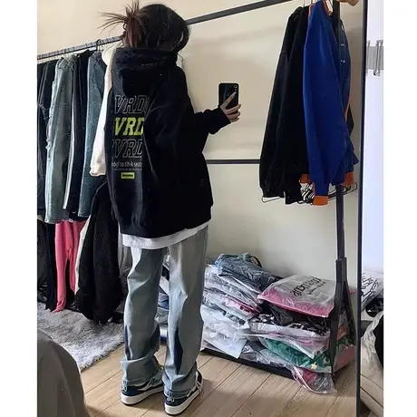 秋季大码oversize美式连帽卫衣女街头风潮牌ins薄款情侣外套上衣商品大图