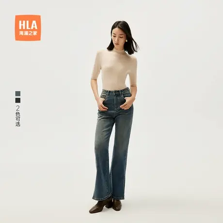 HLA/海澜之家五袋款通勤黑色牛仔裤秋季新款休闲喇叭开叉裤子女装商品大图
