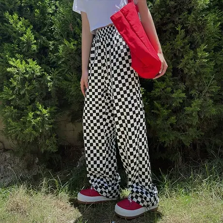 黑白棋盘格裤子女春夏新款高腰宽松直筒垂感松紧腰休闲阔腿裤ins图片