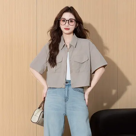 唐狮春夏新款女短袖衬衫短款工装复古休闲衬衣百搭时尚潮流商品大图