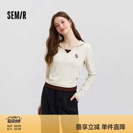 森马长袖T恤女短款连帽刺绣复古气质春假两件修身上衣小心机显瘦图片