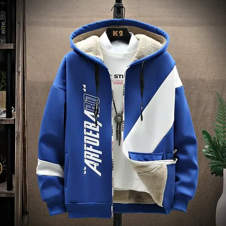 秋冬羊羔绒加厚保暖外套男孩运动休闲套装青少年学生潮流韩版卫衣商品大图