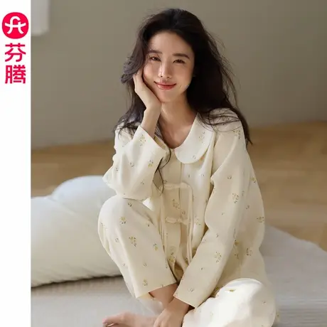 芬腾新中式秋季空气棉睡衣女纯棉长袖薄款夹棉夹层加厚家居服套装商品大图