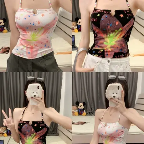夏季新品时尚百搭花朵印花串串珠挂脖小吊带背心辣妹露背内带胸垫商品大图