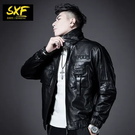 SXF圣希梵真皮皮衣男 夹棉工装刺绣连帽冬季海宁男士皮夹克外套潮商品大图