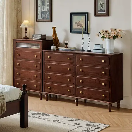 全友家居卧室靠墙收纳储物置物柜2025新款美式复古风全实木八斗柜商品大图