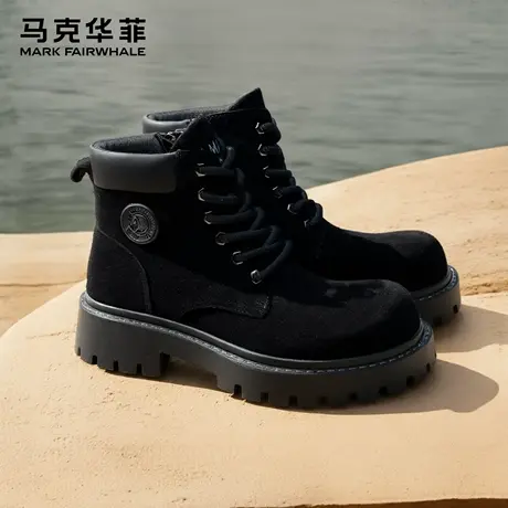 马克华菲马丁靴男款高帮反绒皮靴厚底增高短靴真皮黑色工装靴男鞋商品大图