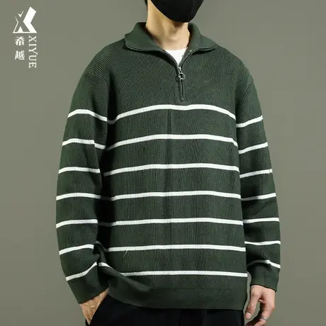 希越半拉链高领条纹撞色毛衣男士秋冬季宽松大码日系复古长袖线衣商品大图