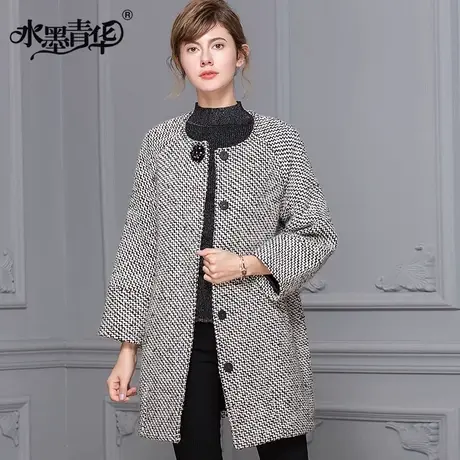 水墨青华2023冬新款时尚优雅粗花呢外套百搭修身中长款毛呢大衣女商品大图