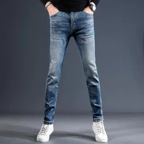 高端经典蓝色牛仔裤男2023新款秋冬款修身小脚弹力休闲男士裤子商品大图