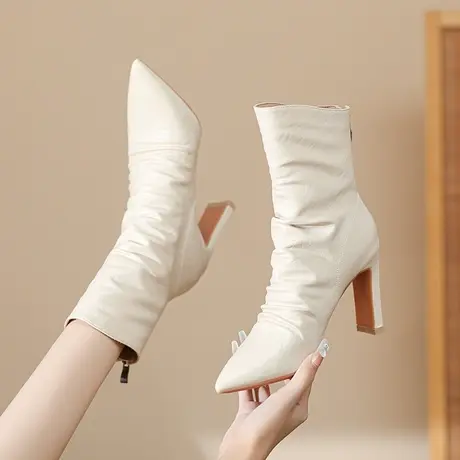 堆堆靴女2023年新款秋冬季复古褶皱短筒靴尖头粗跟短靴显瘦中筒靴商品大图