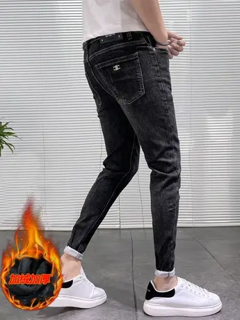 牛仔裤2023新款男秋冬加厚保暖休闲长裤猫抓痕做旧潮九分男牛仔裤商品大图