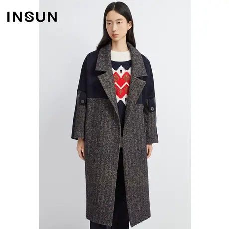 恩裳商场同款2022冬季人字纹粗纺起毛拉绒微茧型羊绒羊毛大衣商品大图