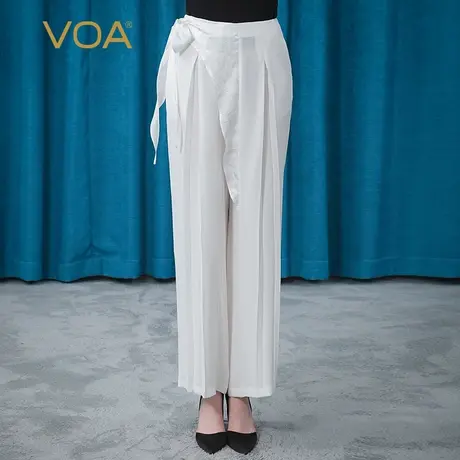 VOA30姆米真丝重磅奶白不对称提花立体装饰褶皱宽松桑蚕丝阔腿裤图片