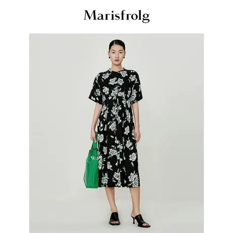 【新能量黑裙】玛丝菲尔夏季新款缎面醋纤衬衫式花稿连衣裙商品大图