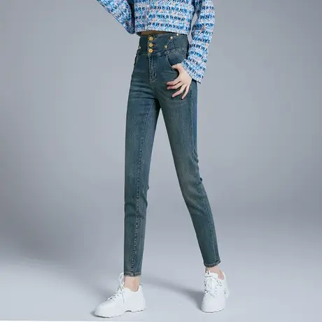 丽洁女裤蓝色高腰牛仔裤女2023年春秋新款弹力紧身显瘦显高铅笔裤商品大图