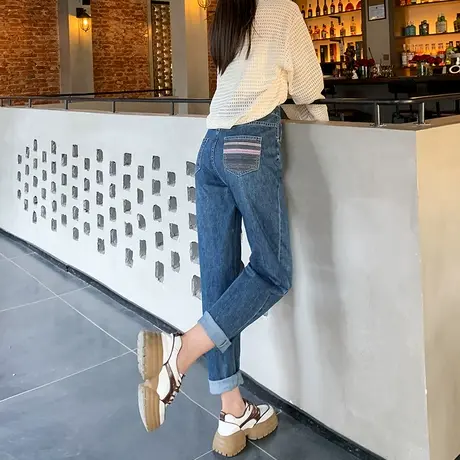 高腰哈伦牛仔裤女春秋新款梨形身材撞色小个子卷边老爹直筒烟管裤商品大图