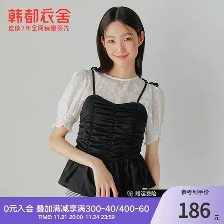 韩都衣舍短袖衬衫套装女夏新款设计感法式小众叠穿泡泡袖上衣图片