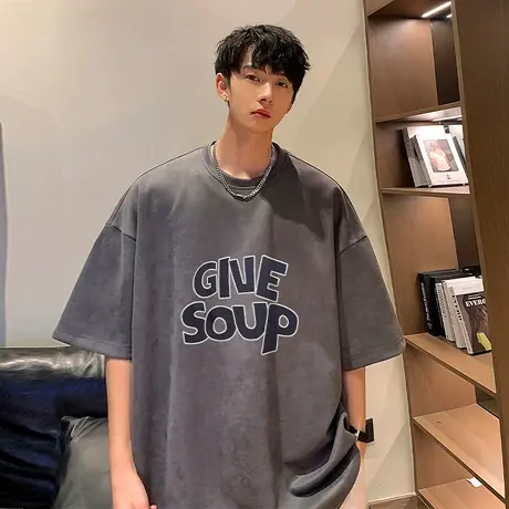 宽松bf慵懒风短袖T恤男2024夏季圆领百搭发泡立体印花内搭上衣服商品大图