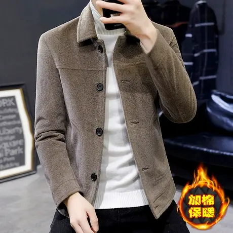 男士潮牌呢子夹克秋冬韩版个性仿水貂毛外套冬装英伦加绒加厚风衣商品大图