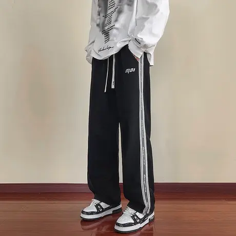 美式休闲裤男夏季潮牌宽松直筒阔腿卫裤青少年春秋款条纹运动长裤商品大图