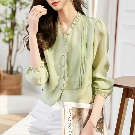 时尚气质V领蕾丝长袖衬衫女士2023年春夏新款减龄淑女百搭上衣图片