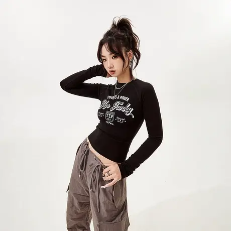 YEP美式辣妹风紧身短款长袖T恤女2024新款春秋复古印花打底衫上衣商品大图