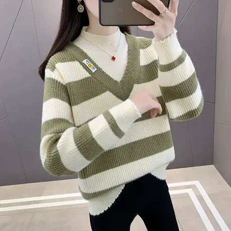 秋冬半高领假两件条纹毛衣女秋冬2023年新款爆款时尚洋气打底衫女商品大图