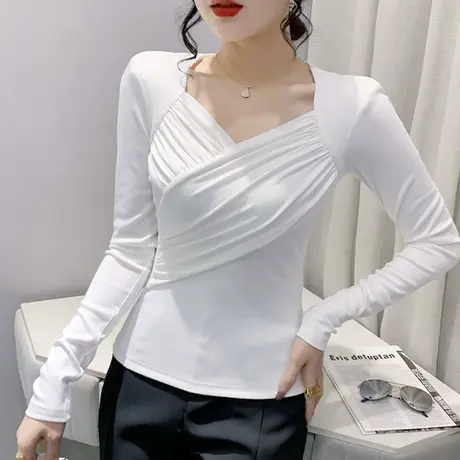欧货2024新款气质性感V领T恤女长袖别致褶皱上衣紧身百搭小衫春秋图片