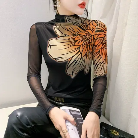 性感高领加绒T恤女长袖时尚印花网纱拼接上衣洋气修身透气打底衫商品大图