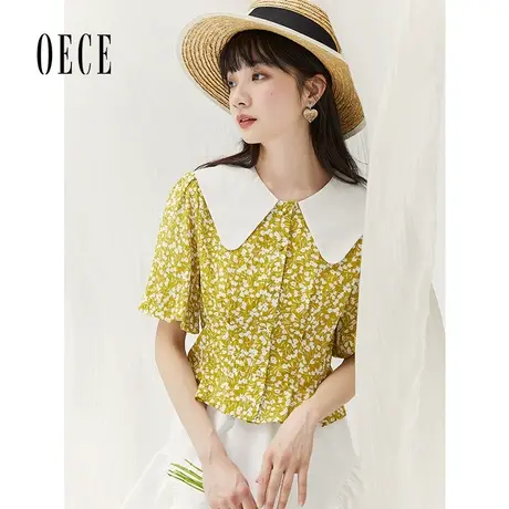 Oece夏装新款女装显白文艺碎花撞色娃娃领泡泡短袖上衣衬衫商品大图