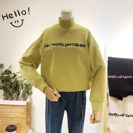 2019秋韩国东大门刺绣字母磨毛长袖T恤半高领打底衫加厚大码保暖商品大图