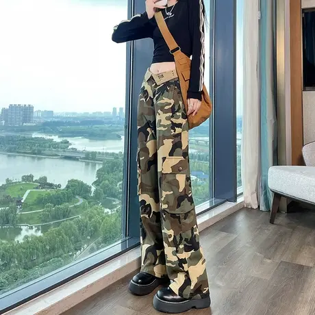 美式复古迷彩牛仔裤女秋季新款高腰宽松显瘦阔腿大口袋辣妹工装裤图片