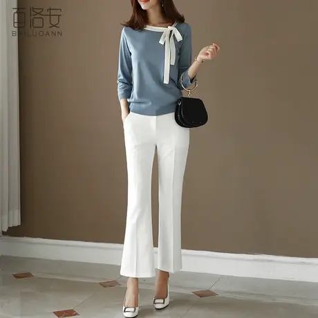 百洛安系带七分袖针织衫女装新款宽松百搭打底套头衫撞色毛衣上衣商品大图