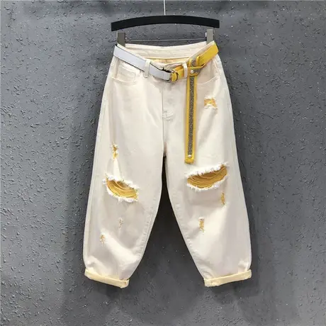 欧洲站女装春夏新款个性破洞撞色牛仔八分裤宽松显瘦哈伦裤垮裤潮商品大图