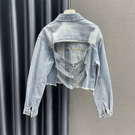 浅蓝色镂空设计感休闲百搭上衣2023秋季新款毛边辣妹风牛仔外套女图片