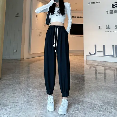 黑色运动裤女束脚2024年春秋新款高腰宽松显瘦百搭九分休闲灯笼裤商品大图