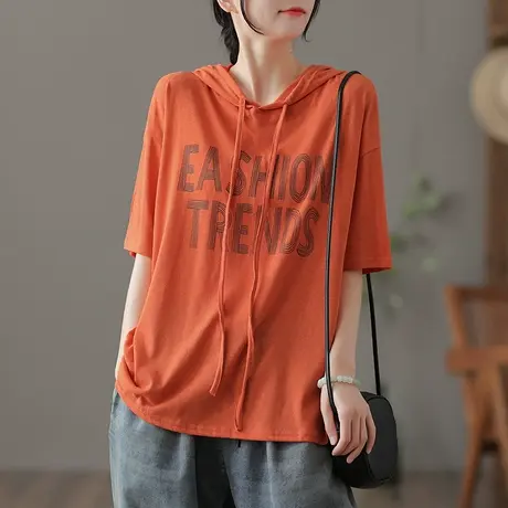 dza复古纯棉连帽t恤女士短袖2023夏季宽松体恤薄款打底衫短款上衣商品大图