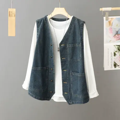 春秋2024新款中长款牛仔马甲女计感小众V领无袖坎肩宽松百搭ins潮图片