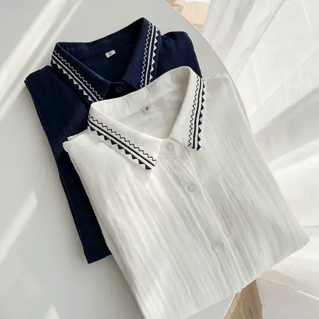 春装韩版文艺小清新双层纱纯棉刺绣白色衬衫女士长袖宽松打底衬衣商品大图