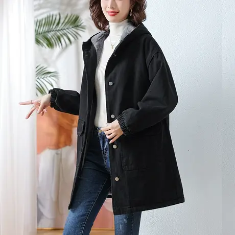 牛仔外套女加绒加厚冬季新款宽松大码女装中年妈妈中长款连帽棉衣商品大图